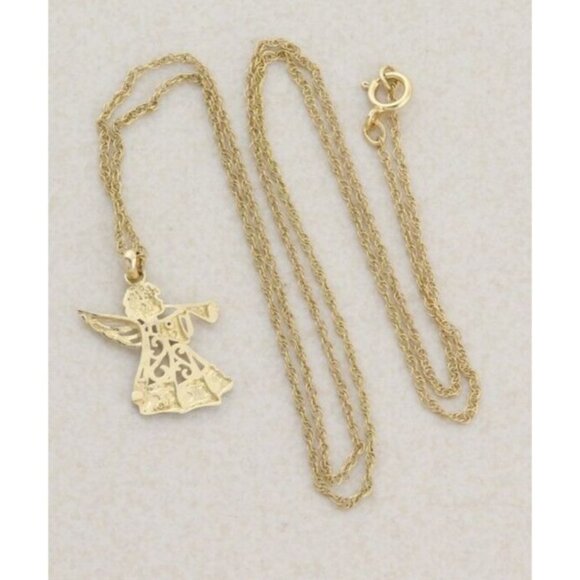 10k Yellow Gold & White Gold Angel Trumpet Necklace 18" Chain Dainty Delicate - Picture 7 of 7